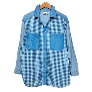 Vintage Gitano Denim Button Up Top Size 18W Mixed Print Plaid Blue